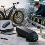 E-Bike-Akku, im Hintergrund ein Mann und ein E-Bike